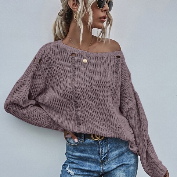 Grey off shoulder distressed oversize knit sweater - Picture 6 of 13